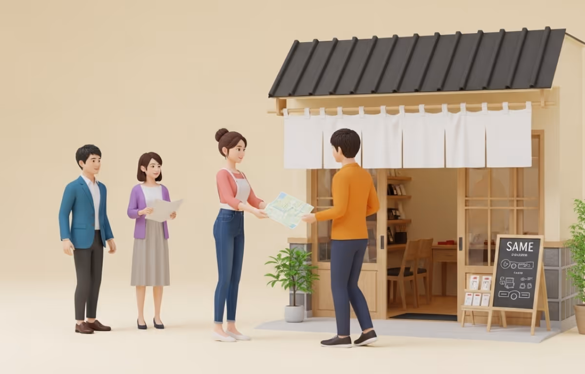 新しくオープンした店舗が道案内をお客さんに伝えるイメージ